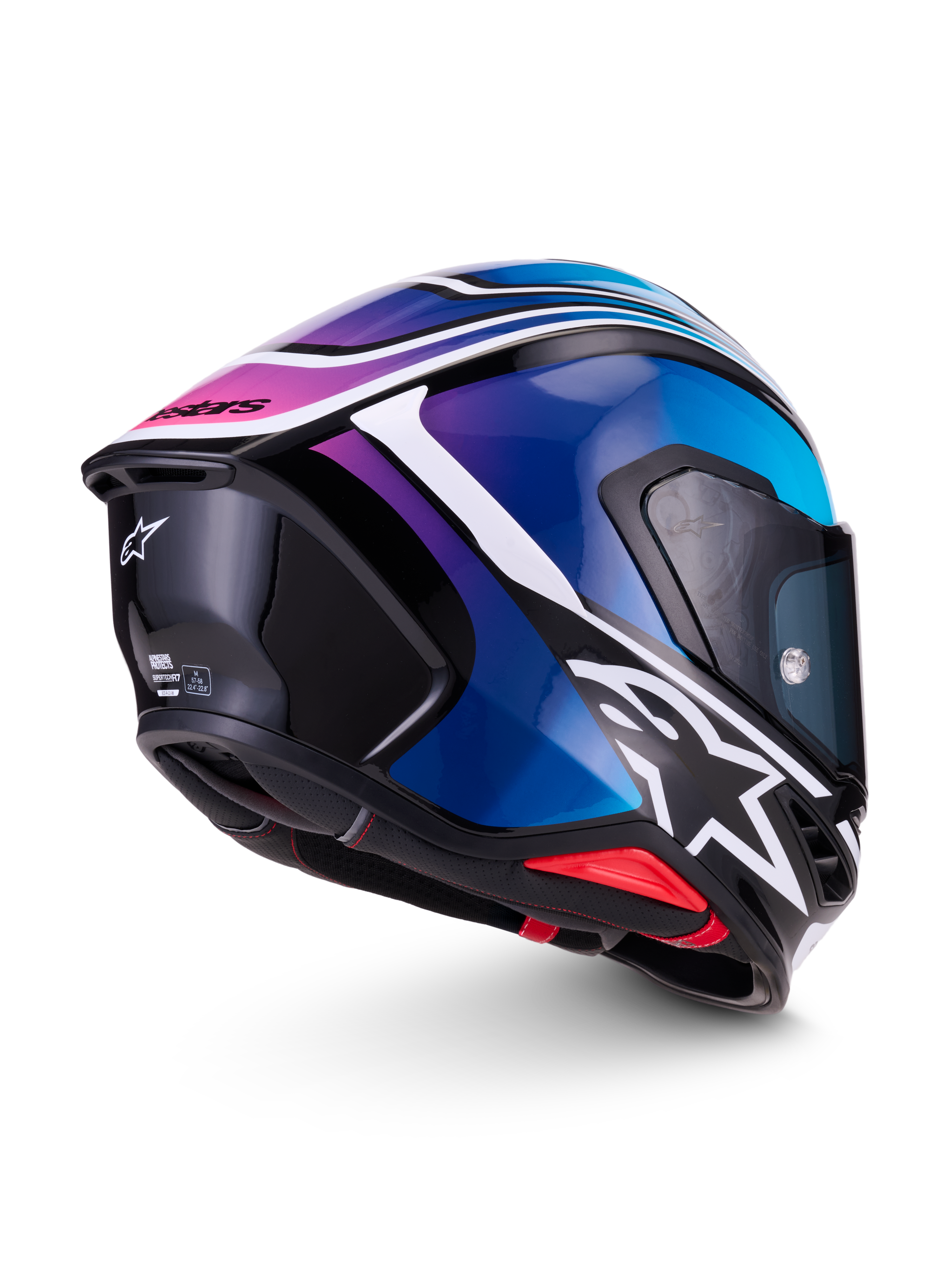 Alpinestars S-R7 Zeal Casque ECE06, casque de moto intégral racing noir, bleu, rose fluo et blanc brillant, vue de profil et de l'arrière mettant en valeur le spoiler aérodynamique et le design graphique