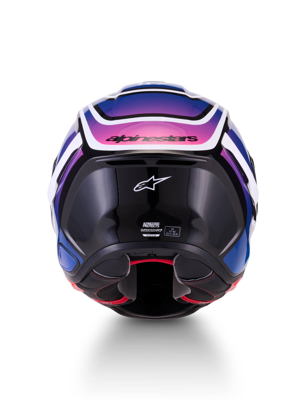 Alpinestars S-R7 Zeal, casque intégral de moto, vue de dos, noir, bleu et rose fluo avec finition brillante, construction en composite de carbone