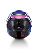 Alpinestars S-R7 Zeal, casque intégral de moto, vue de dos, noir, bleu et rose fluo avec finition brillante, construction en composite de carbone
