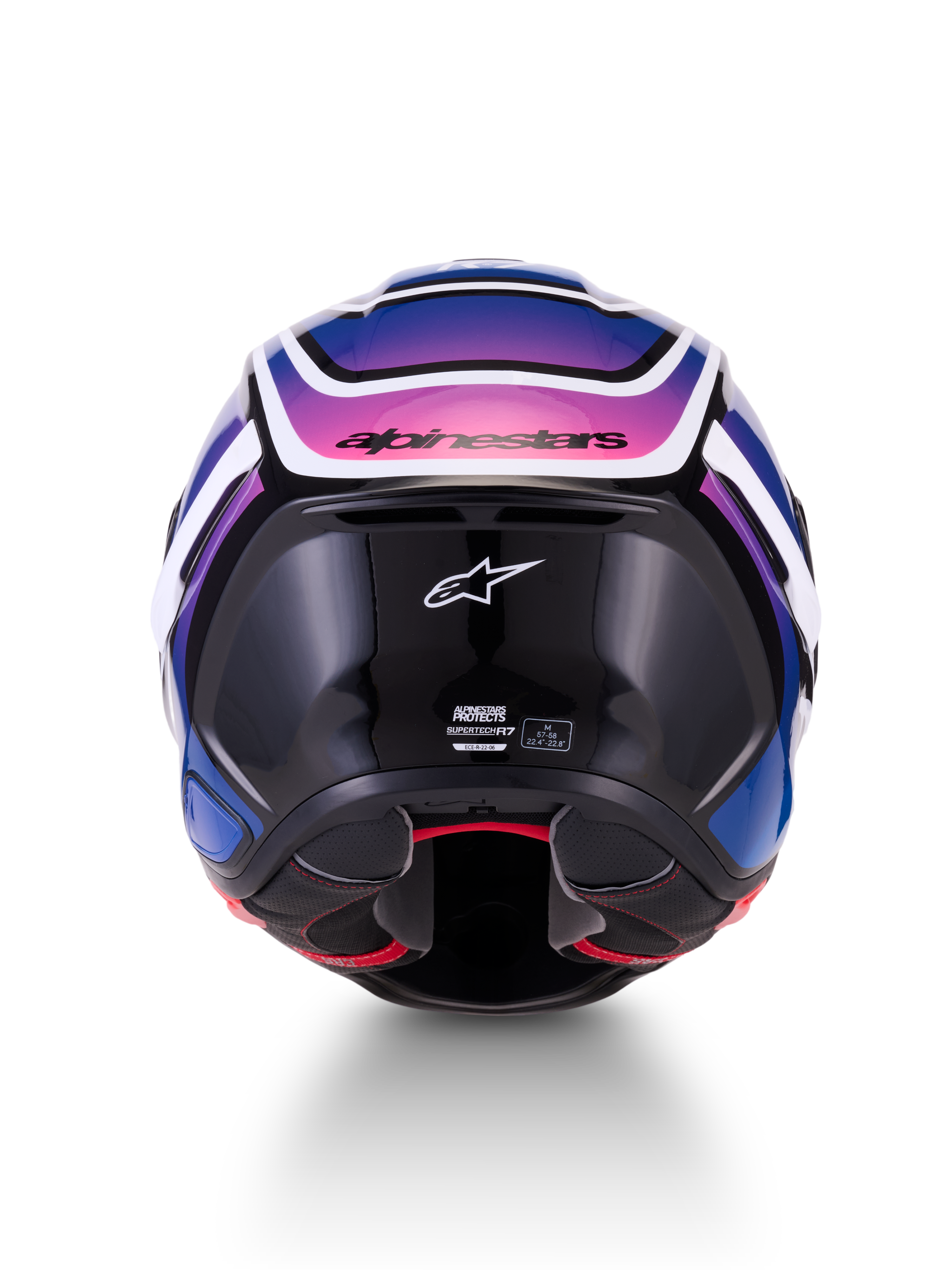 Alpinestars S-R7 Zeal, casque intégral de moto, vue de dos, noir, bleu et rose fluo avec finition brillante, construction en composite de carbone