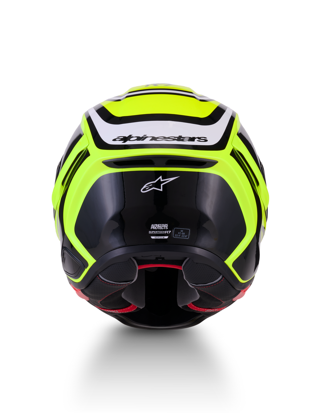 Alpinestars S-R7 Zeal Helmet ECE 22.06, Full Face Motorcycle Racing Helmet, Yellow Fluo, Black and White, rear view showing carbon composite construction and Alpinestars branding