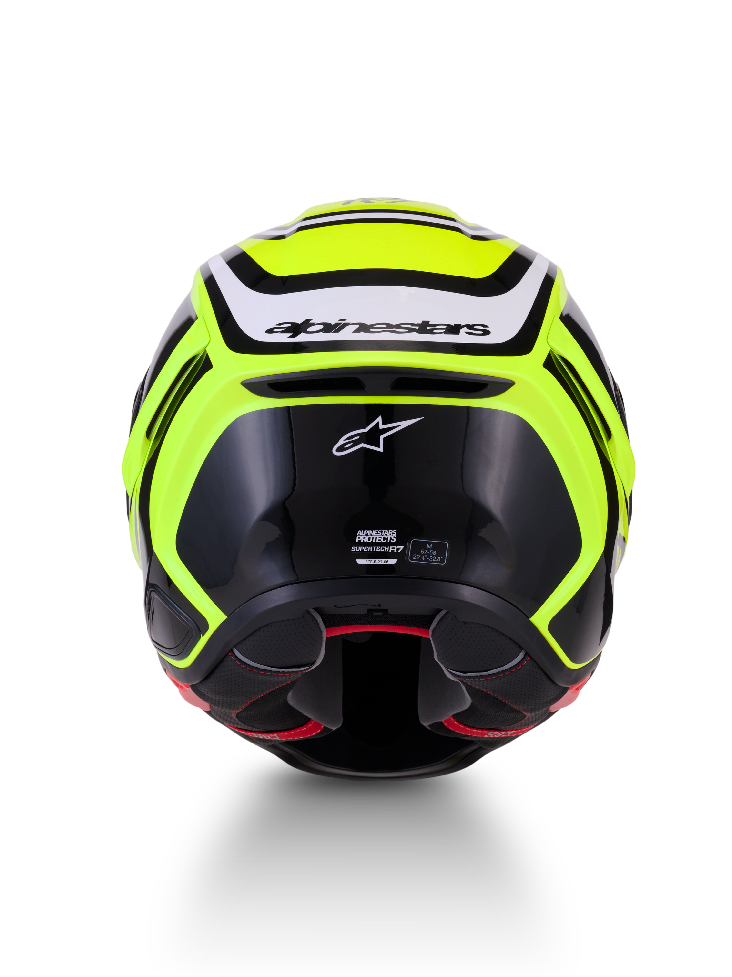 Alpinestars S-R7 Zeal Helmet ECE 22.06, Full Face Motorcycle Racing Helmet, Yellow Fluo, Black and White, rear view showing carbon composite construction and Alpinestars branding