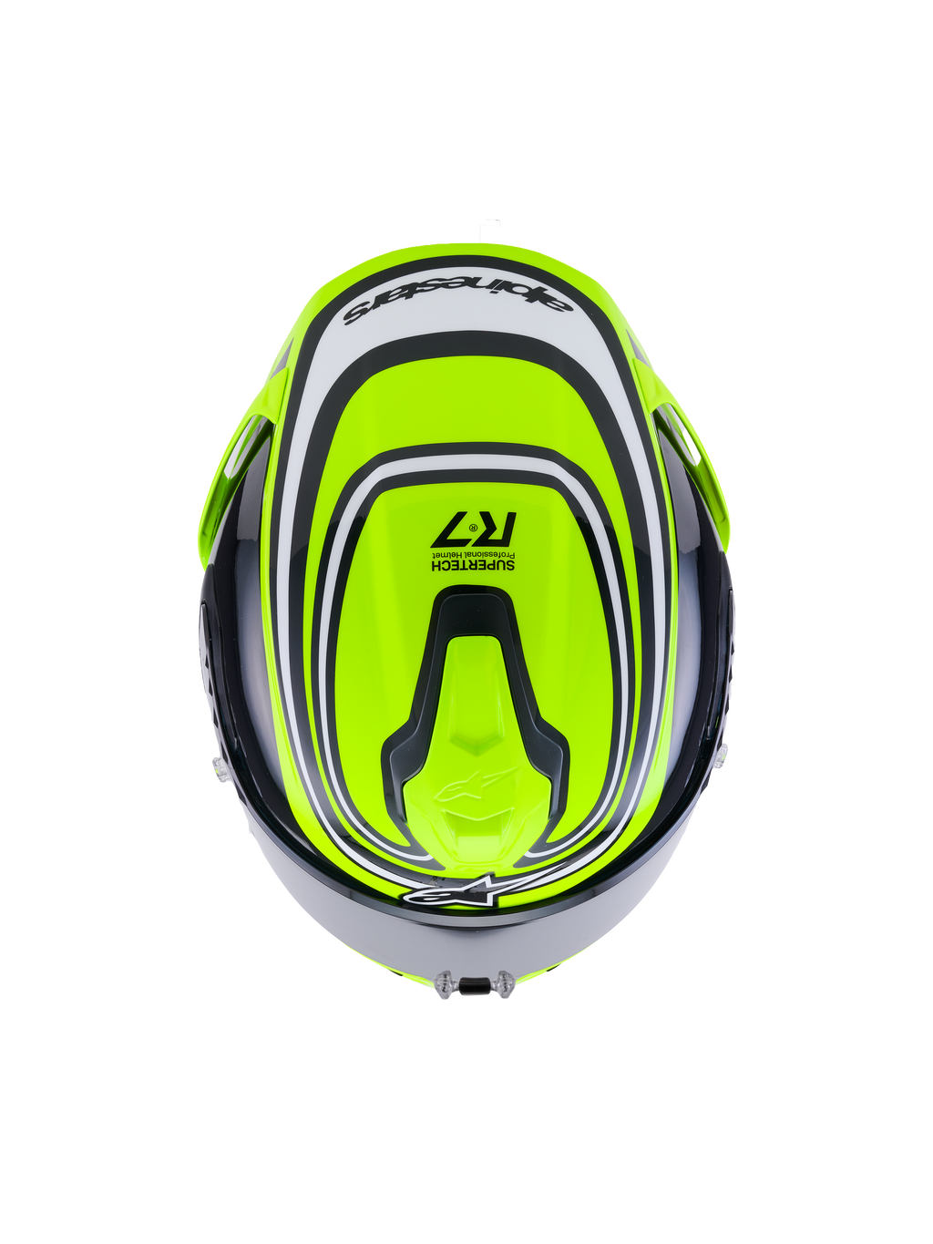 Alpinestars S-R7 Zeal Helmet ECE 22.06, full face road motorcycle helmet in Yellow Fluo, Black, and White Glossy, top view showing aerodynamic design and branding details