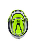 Alpinestars S-R7 Zeal Helmet ECE 22.06, full face road motorcycle helmet in Yellow Fluo, Black, and White Glossy, top view showing aerodynamic design and branding details