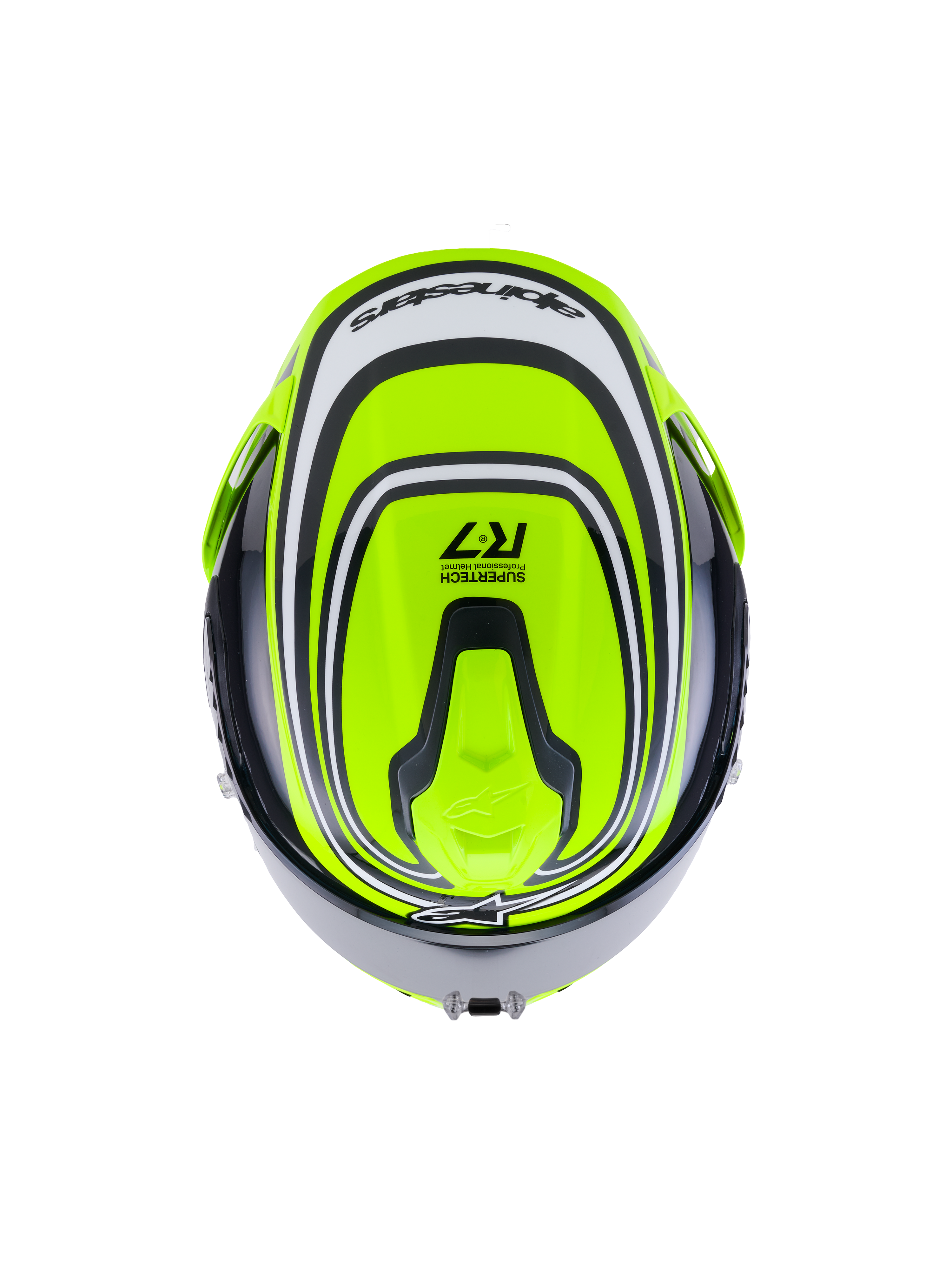 Alpinestars S-R7 Zeal Helmet ECE 22.06, full face road motorcycle helmet in Yellow Fluo, Black, and White Glossy, top view showing aerodynamic design and branding details
