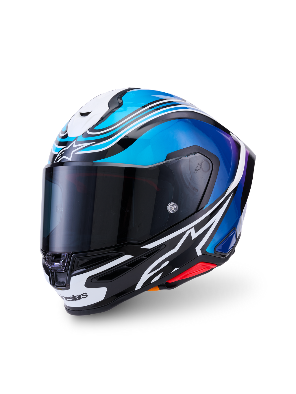 Alpinestars S-R7 Zeal, casque de moto intégral racing ECE 22.06, noir, bleu, rose fluo et blanc brillant, construction en carbone