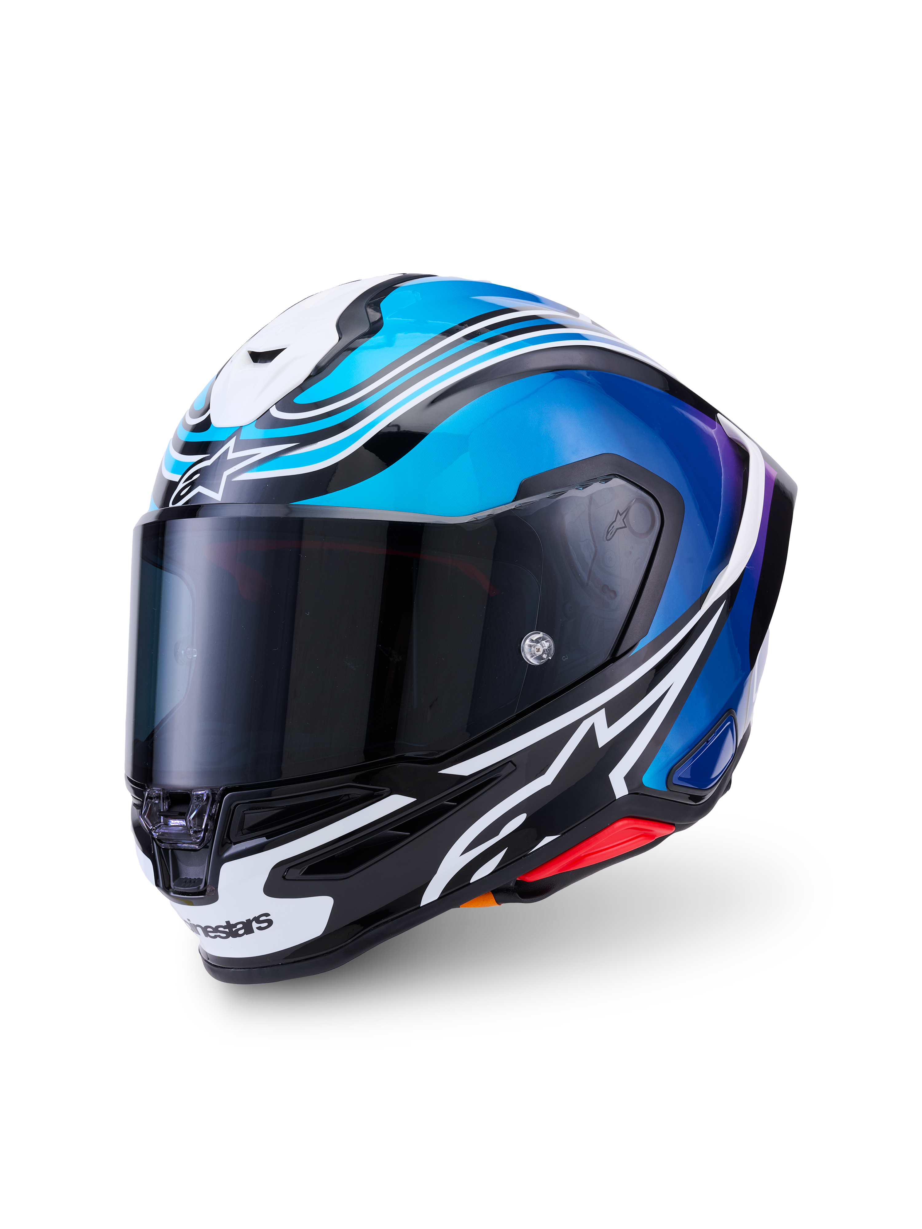 Alpinestars S-R7 Zeal, casque de moto intégral racing ECE 22.06, noir, bleu, rose fluo et blanc brillant, construction en carbone