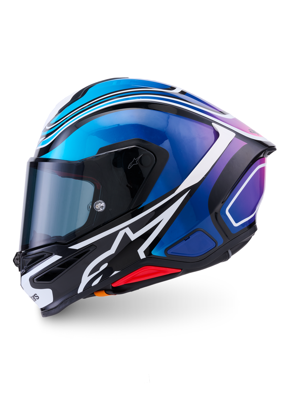Alpinestars S R 7 Zeal, casque de moto intégral, noir, bleu et blanc, vue de profil avec visière fumée et graphismes colorés