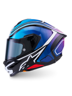 Alpinestars S R 7 Zeal, casque de moto intégral, noir, bleu et blanc, vue de profil avec visière fumée et graphismes colorés
