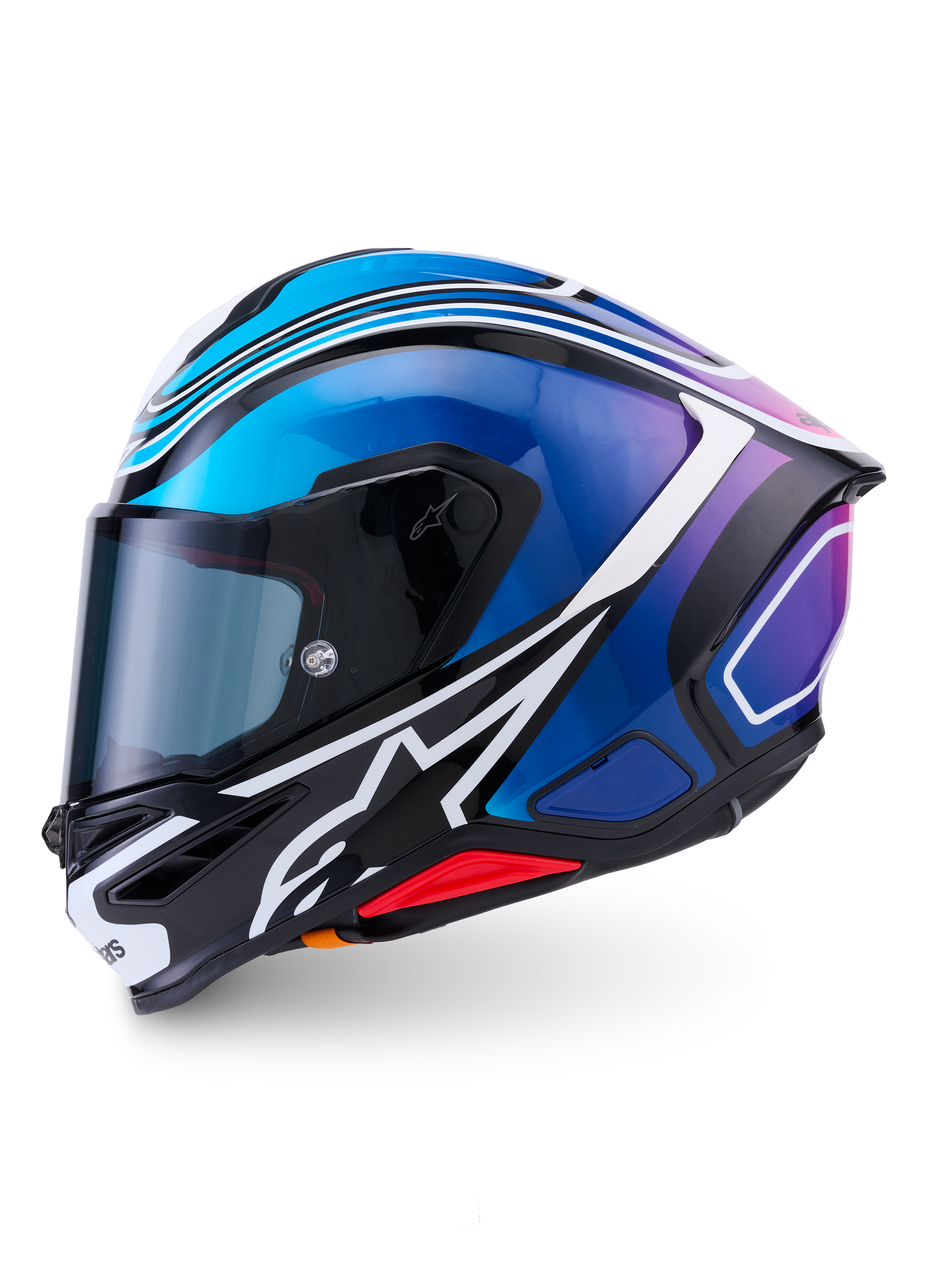 Alpinestars S R 7 Zeal, casque de moto intégral, noir, bleu et blanc, vue de profil avec visière fumée et graphismes colorés