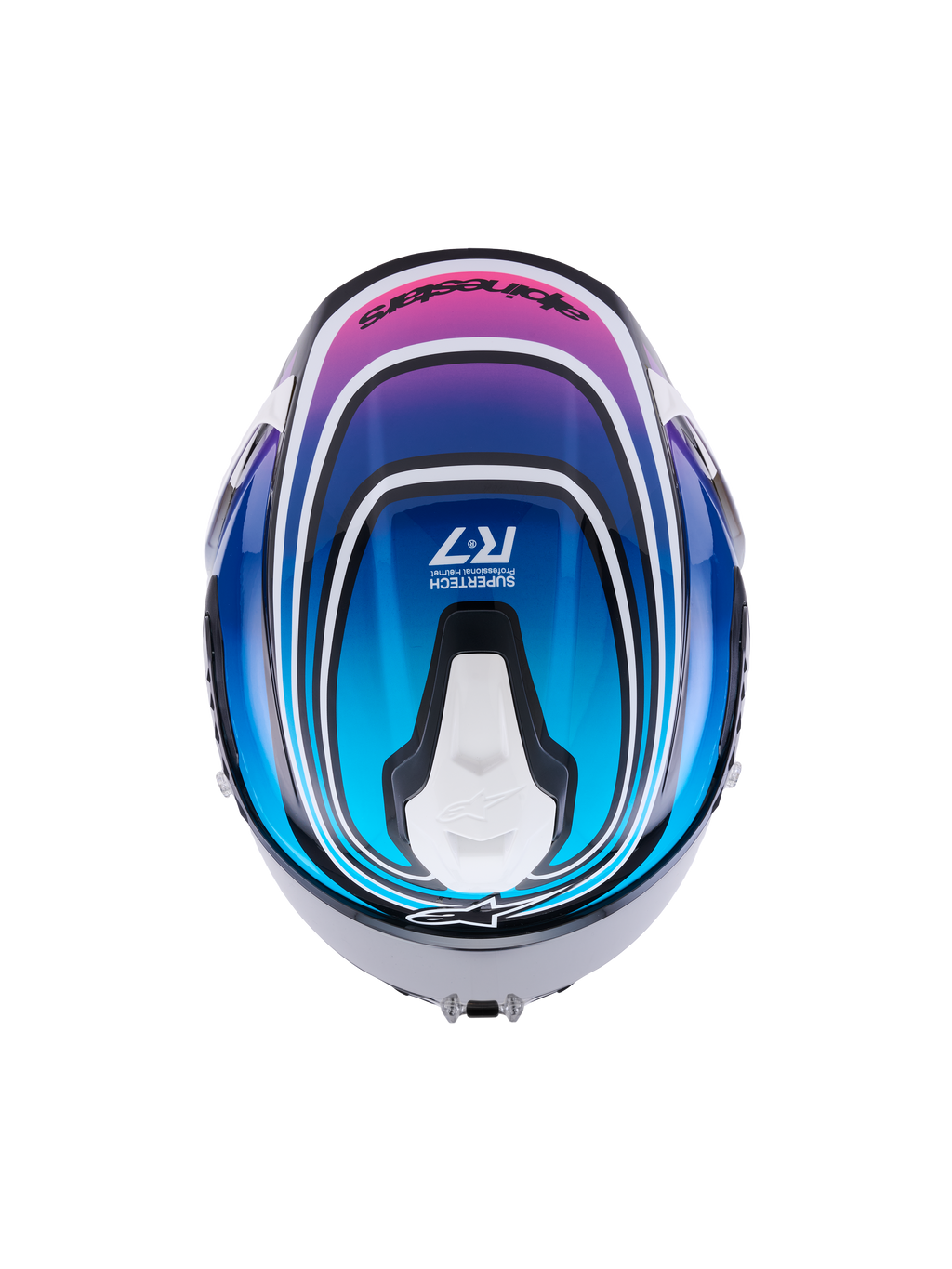Alpinestars S-R7 Zeal, casque moto racing intégral ECE 06, vue de dessus avec finition graphique brillante noire, bleue, rose et blanche et caractéristiques de ventilation aérodynamique
