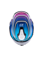 Alpinestars S-R7 Zeal, casque moto racing intégral ECE 06, vue de dessus avec finition graphique brillante noire, bleue, rose et blanche et caractéristiques de ventilation aérodynamique