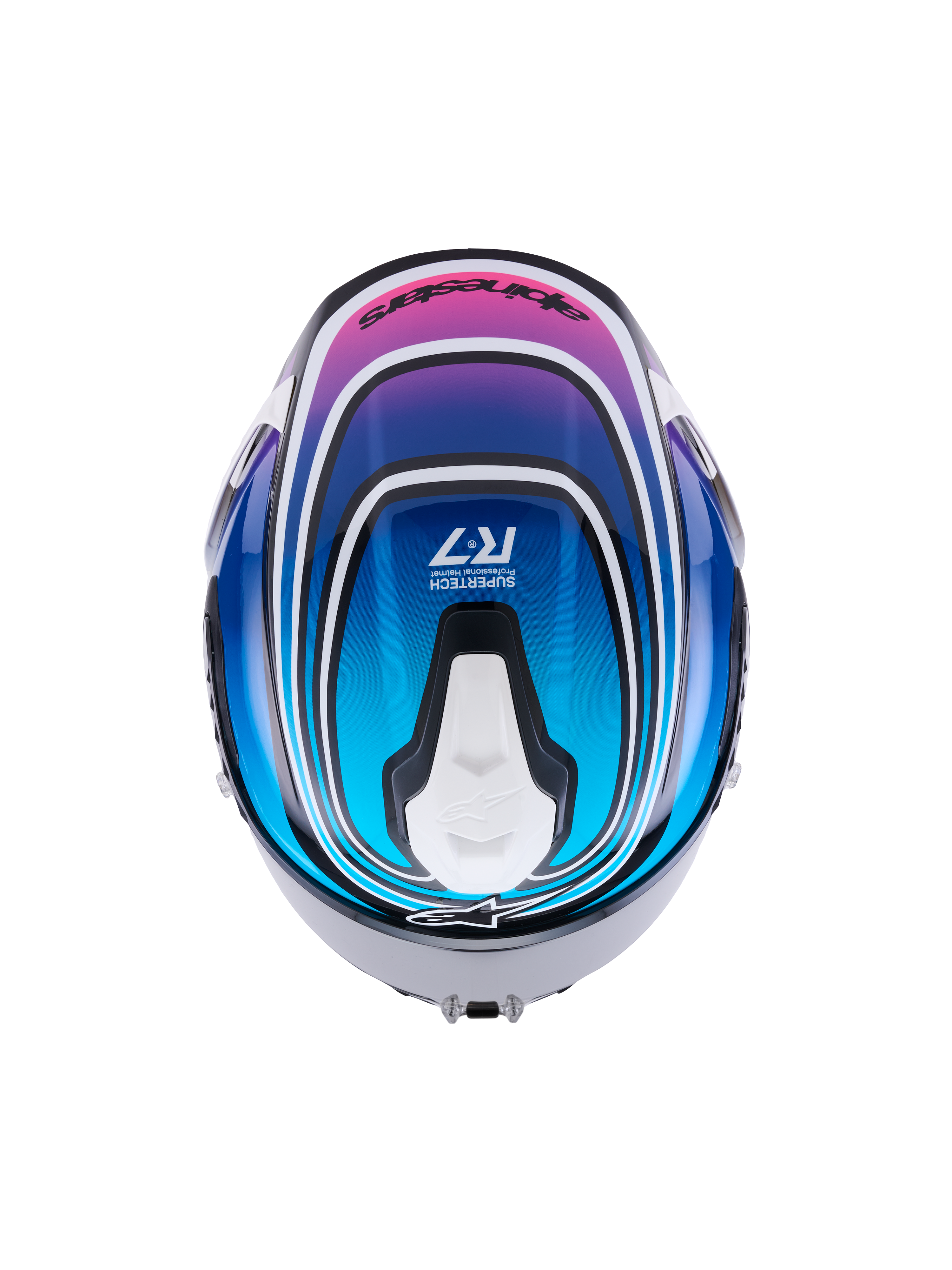 Alpinestars S-R7 Zeal, casque moto racing intégral ECE 06, vue de dessus avec finition graphique brillante noire, bleue, rose et blanche et caractéristiques de ventilation aérodynamique