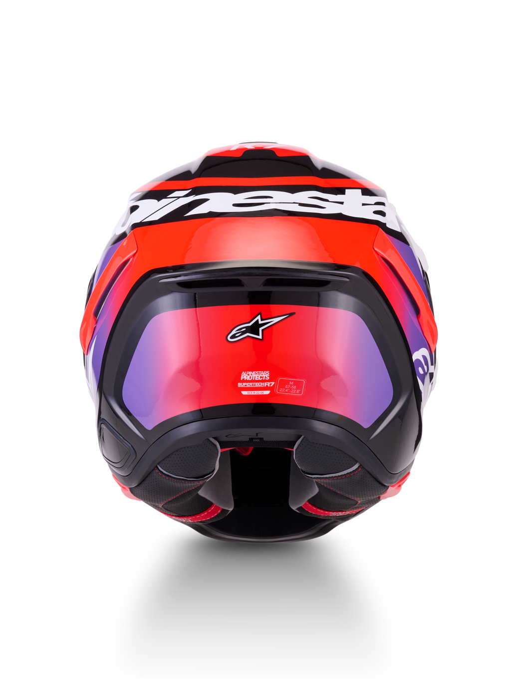 Alpinestars S-R7 Lumen Helm ECE 22.06, Integral-Motorradrennhelm, Rückansicht mit Kohlefaserverbundkonstruktion und aerodynamischem Spoiler in Schwarz, Lila, Leuchtrot und Weiß glänzend