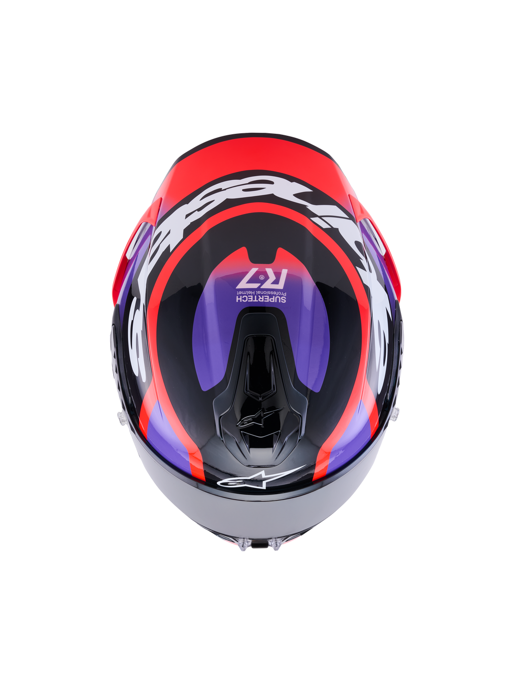 Alpinestars S-R7 Lumen Helm, Integral-Motorradhelm ECE 22.06, Draufsicht der Kohlefaserverbundkonstruktion in Schwarz, Violett, Leuchtrot und glänzendem Weiß