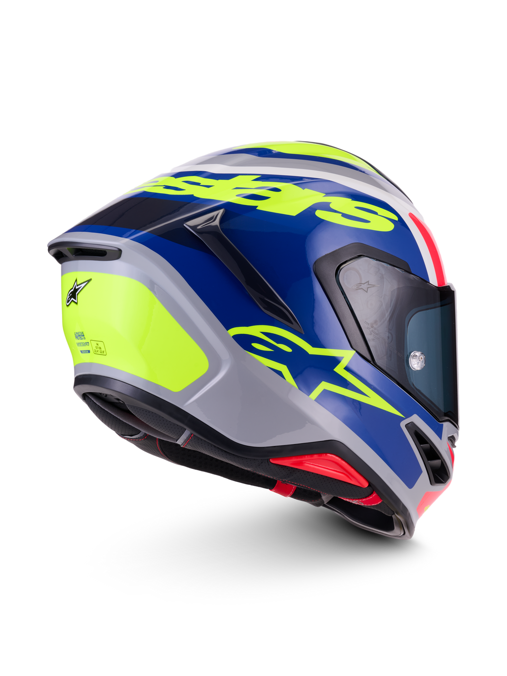 Alpinestars S-R7 Lumen Helm, Integral-Motorradhelm, Silber, Blau, Pink und Gelb mit glänzender Oberfläche und Kohlefaserverbundkonstruktion