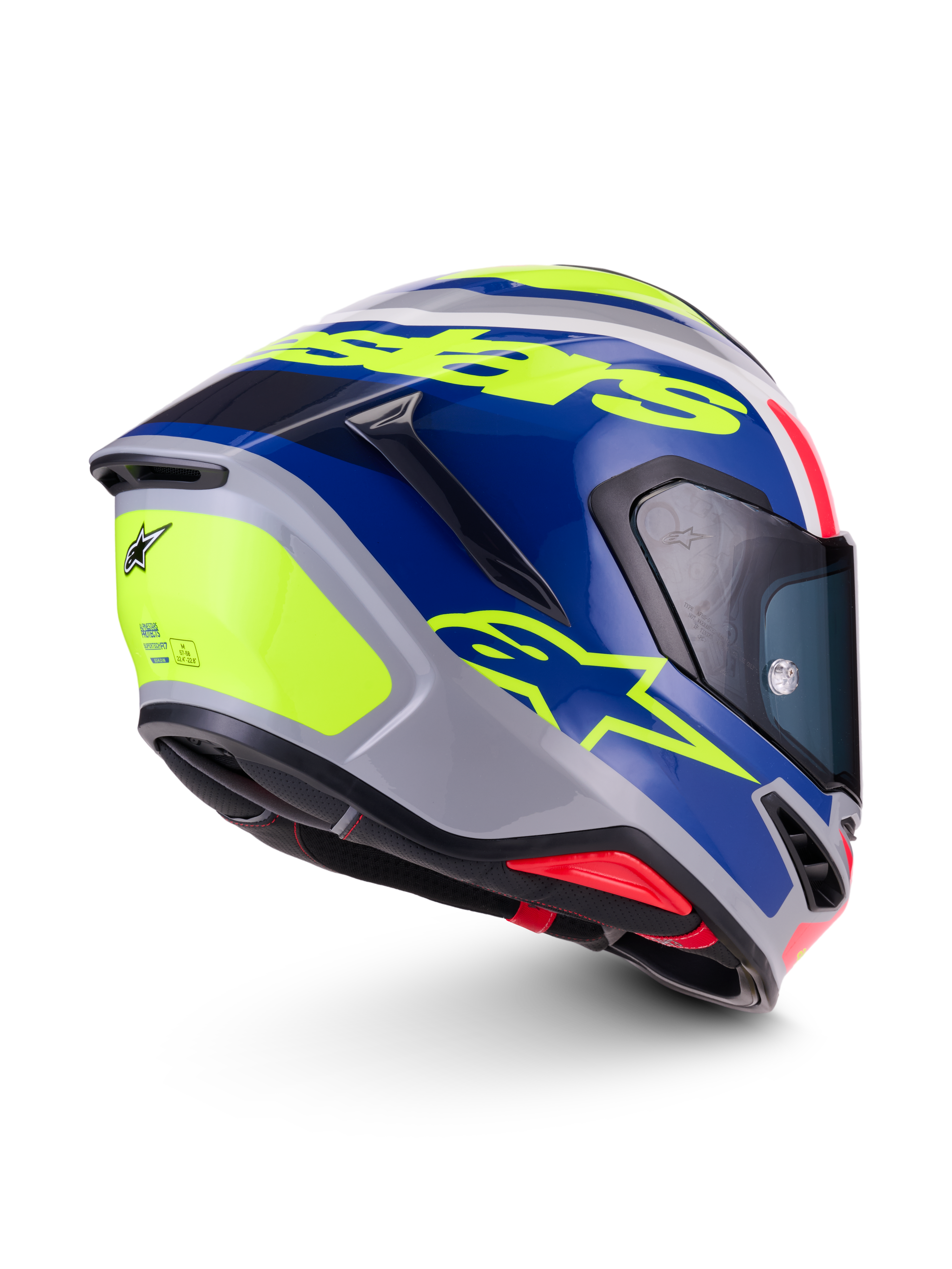 Alpinestars S-R7 Lumen Helm, Integral-Motorradhelm, Silber, Blau, Pink und Gelb mit glänzender Oberfläche und Kohlefaserverbundkonstruktion