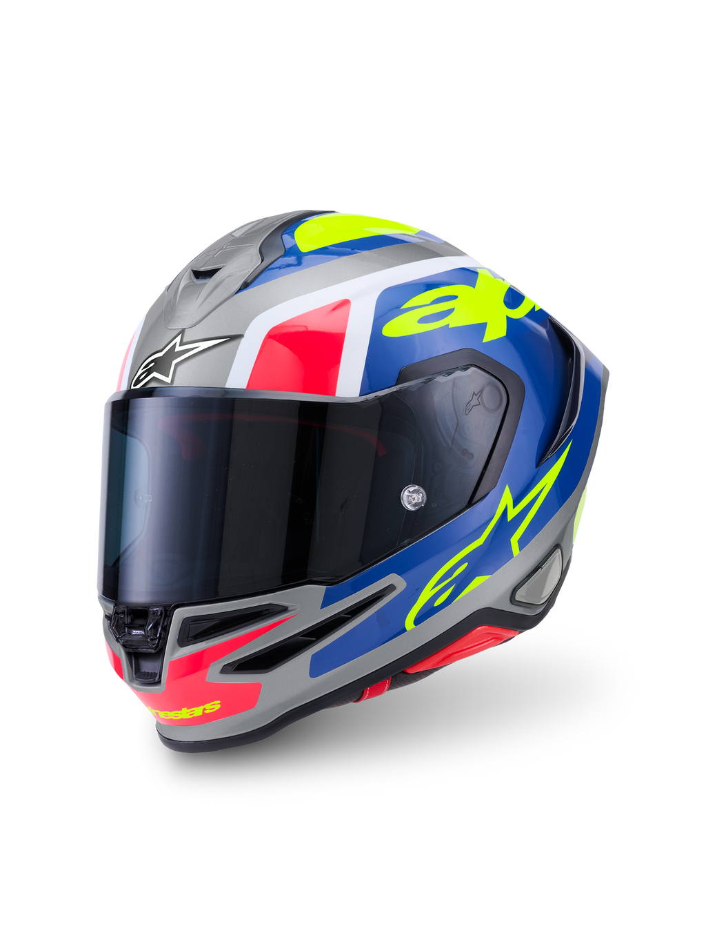 Alpinestars S-R7 Lumen Helm, Integral-Motorradhelm, Silber, Blau, Pink und Gelb, glänzende Kohlefaserverbundkonstruktion, ECE-zertifiziert