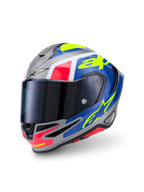 Alpinestars S-R7 Lumen Helm, Integral-Motorradhelm, Silber, Blau, Pink und Gelb, glänzende Kohlefaserverbundkonstruktion, ECE-zertifiziert