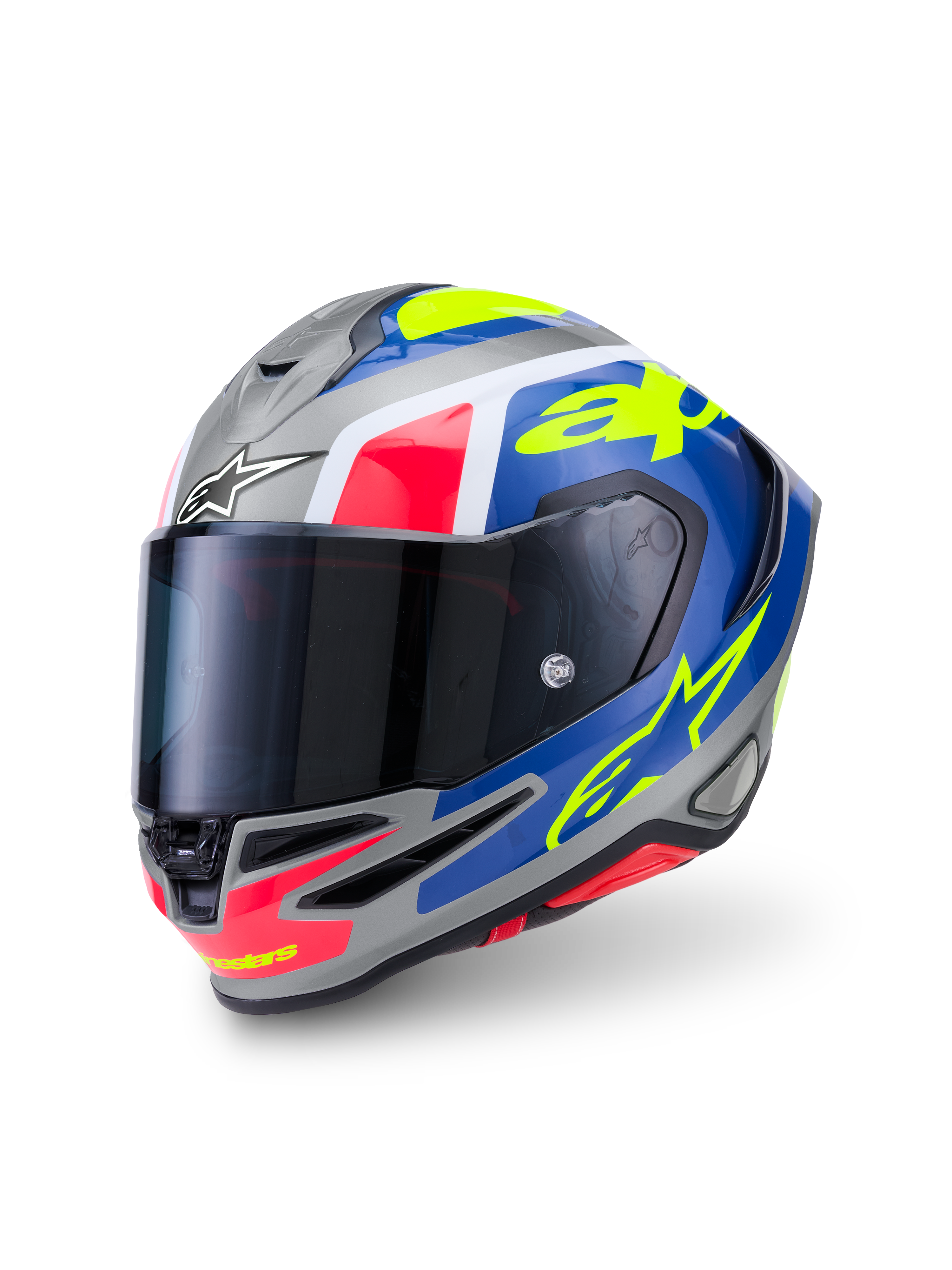 Alpinestars S-R7 Lumen Helm, Integral-Motorradhelm, Silber, Blau, Pink und Gelb, glänzende Kohlefaserverbundkonstruktion, ECE-zertifiziert