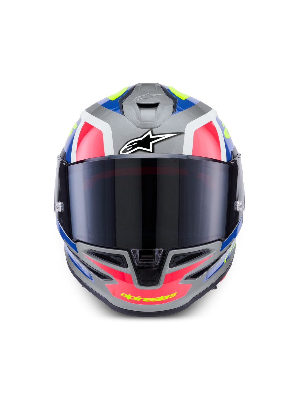 Alpinestars S R 7 Lumen Helm ECE 06, Integral-Motorradrennhelm, Silber, Pink und Gelb, aerodynamisches Design und getöntes Visier