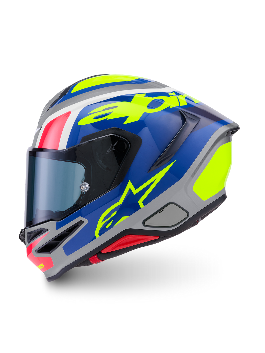 Alpinestars S-R7 Lumen Helm, Integral-Motorradhelm, Silber, Blau, Pink und Gelb, glänzende Kohlefaser-Konstruktion, ECE-zertifiziert