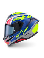 Alpinestars S-R7 Lumen Helm, Integral-Motorradhelm, Silber, Blau, Pink und Gelb, glänzende Kohlefaser-Konstruktion, ECE-zertifiziert
