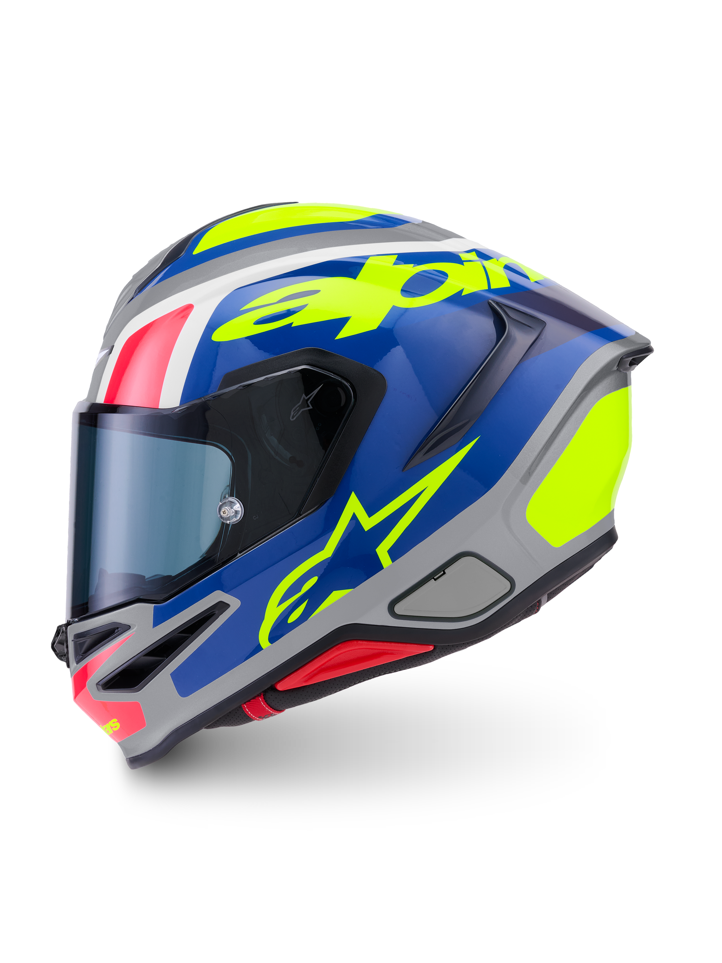 Alpinestars S-R7 Lumen Helm, Integral-Motorradhelm, Silber, Blau, Pink und Gelb, glänzende Kohlefaser-Konstruktion, ECE-zertifiziert