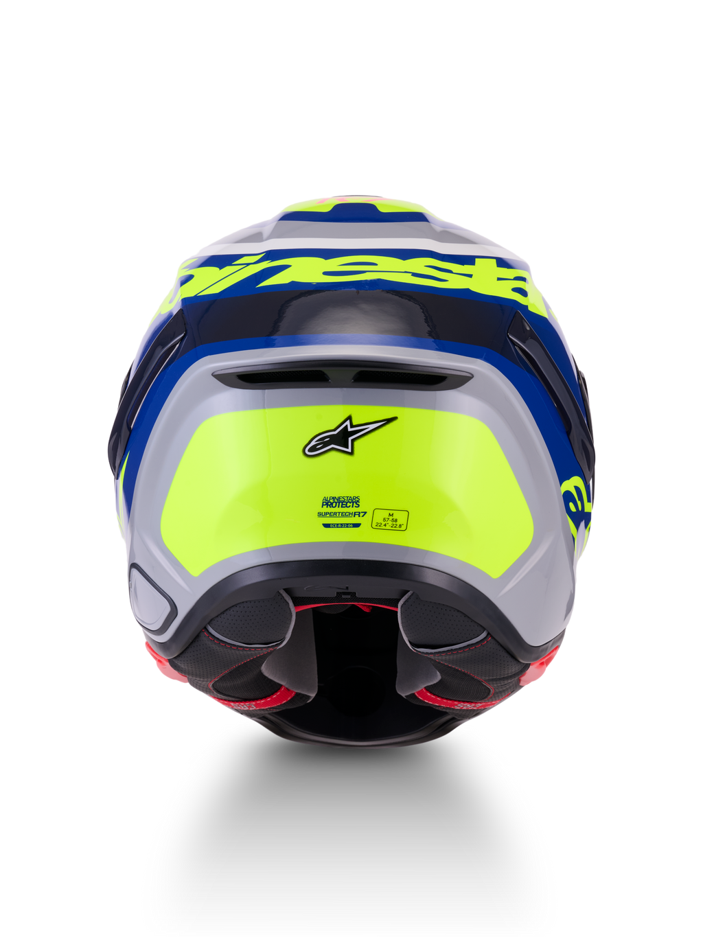 Alpinestars S-R7 Lumen Helm ECE06, Motorrad-Rennhelm, Rückansicht mit aerodynamischem Design, silberner, blauer, pinker und gelber Hochglanz-Finish, mit Alpinestars Branding und Sicherheitszertifizierung