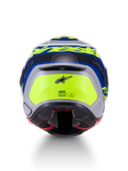 Alpinestars S-R7 Lumen Helm ECE06, Motorrad-Rennhelm, Rückansicht mit aerodynamischem Design, silberner, blauer, pinker und gelber Hochglanz-Finish, mit Alpinestars Branding und Sicherheitszertifizierung