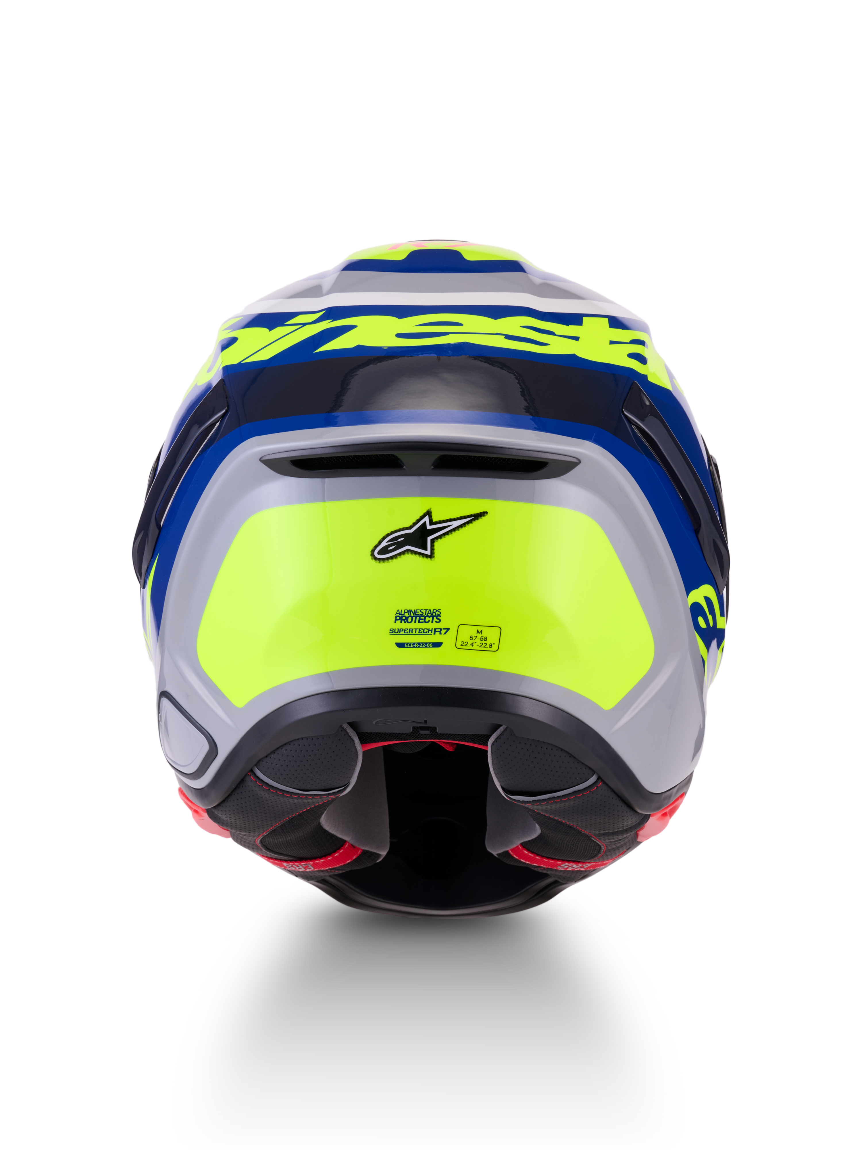 Alpinestars S-R7 Lumen Helm ECE06, Motorrad-Rennhelm, Rückansicht mit aerodynamischem Design, silberner, blauer, pinker und gelber Hochglanz-Finish, mit Alpinestars Branding und Sicherheitszertifizierung