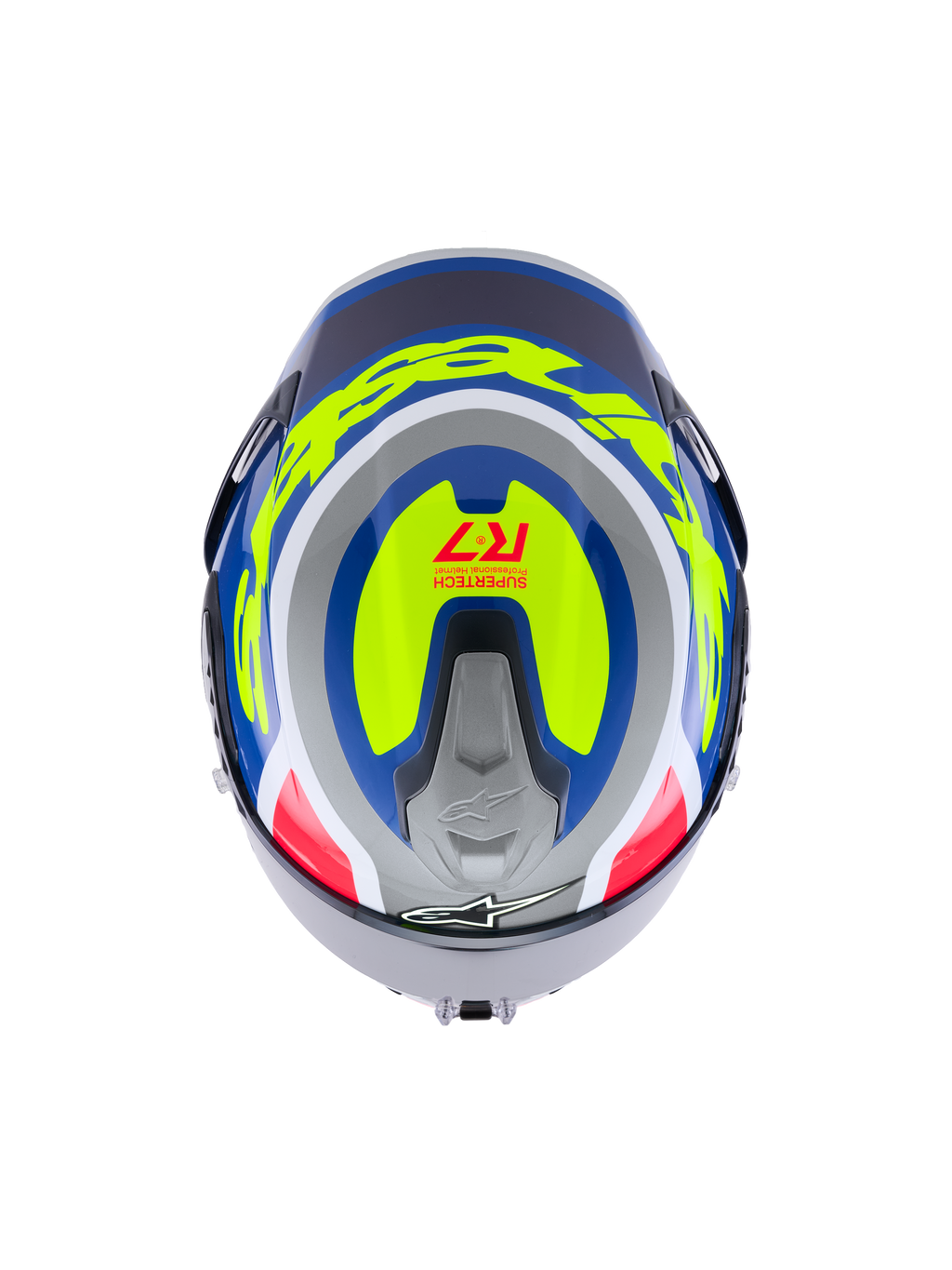 Alpinestars S-R7 Lumen Helm ECE 22.06, Motorrad-Vollvisierhelm, Oberansicht mit silbernen, blauen, pinken und gelben Carbon-Verbundgrafiken