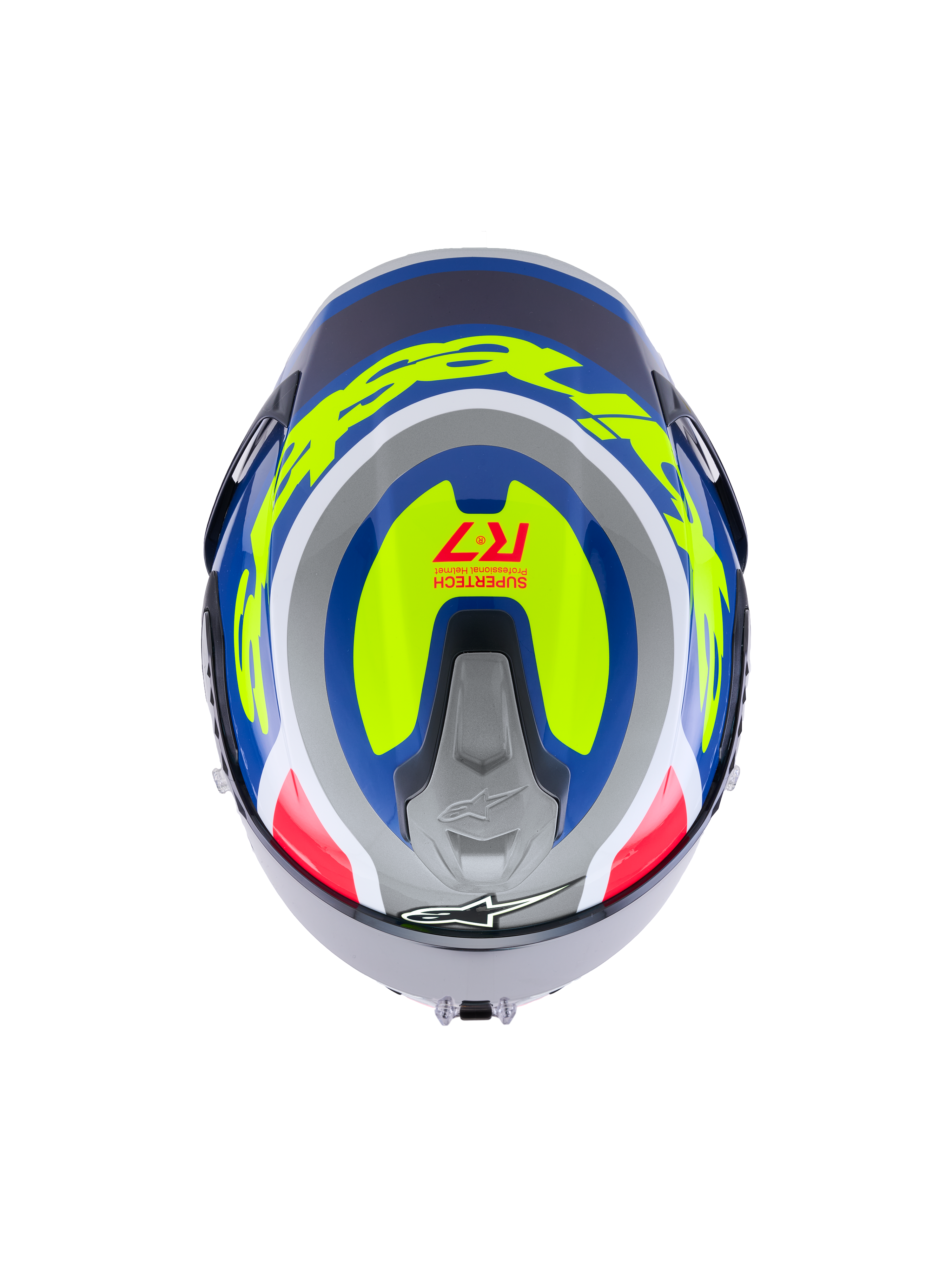 Alpinestars S-R7 Lumen Helm ECE 22.06, Motorrad-Vollvisierhelm, Oberansicht mit silbernen, blauen, pinken und gelben Carbon-Verbundgrafiken