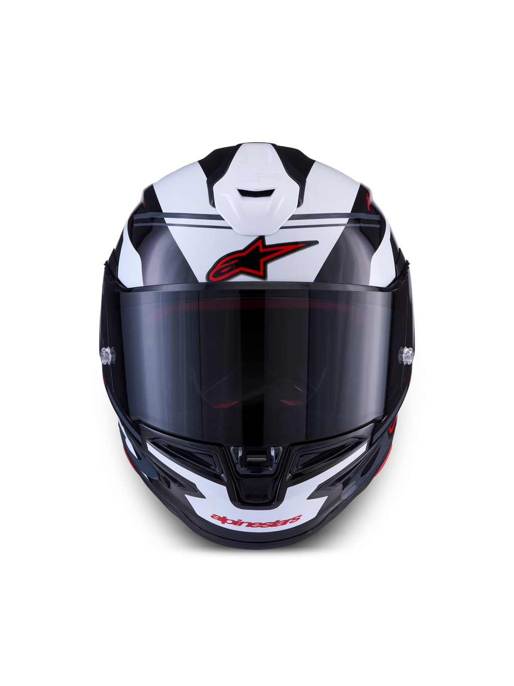 Alpinestars S-R7 A-Core helm, integraalmotorhelm voor wegrace, zwart, wit en rood glanzend, vooraanzicht met aerodynamisch design en vizier