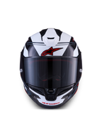 Alpinestars S-R7 A-Core helm, integraalmotorhelm voor wegrace, zwart, wit en rood glanzend, vooraanzicht met aerodynamisch design en vizier