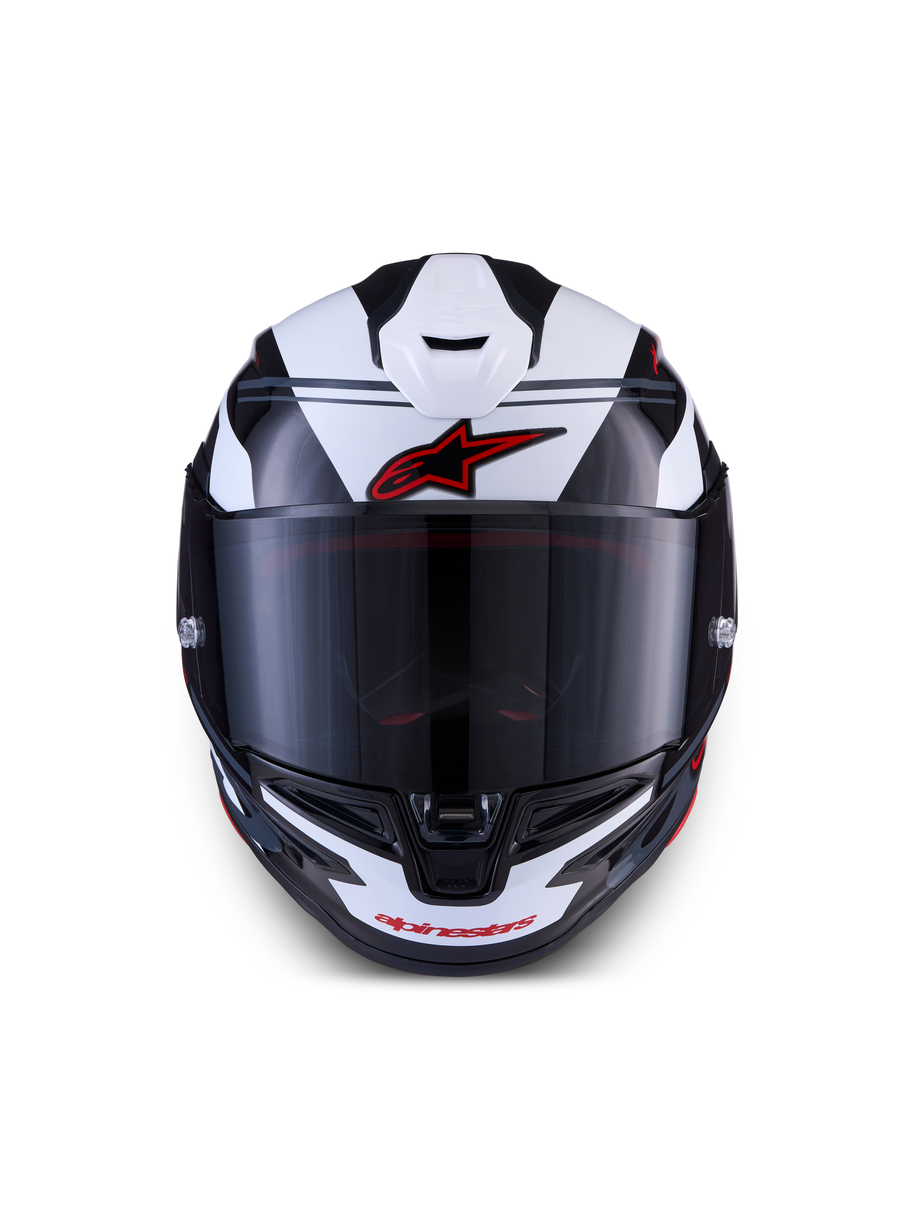Alpinestars S-R7 A-Core helm, integraalmotorhelm voor wegrace, zwart, wit en rood glanzend, vooraanzicht met aerodynamisch design en vizier