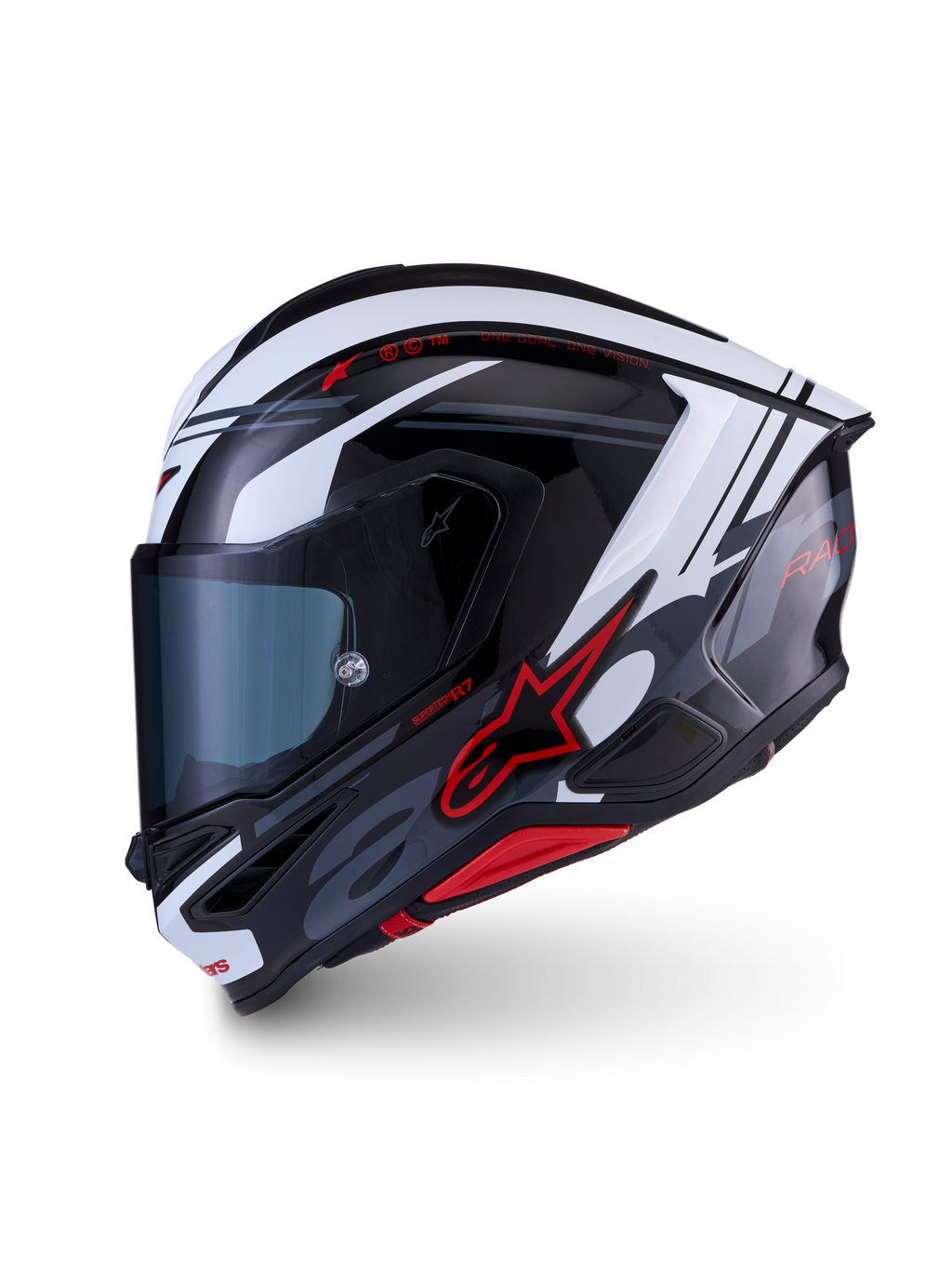 Alpinestars S-R7 A-Core helm, motorracinghelm, zwart, wit en rood, glanzende koolstofcomposiet constructie