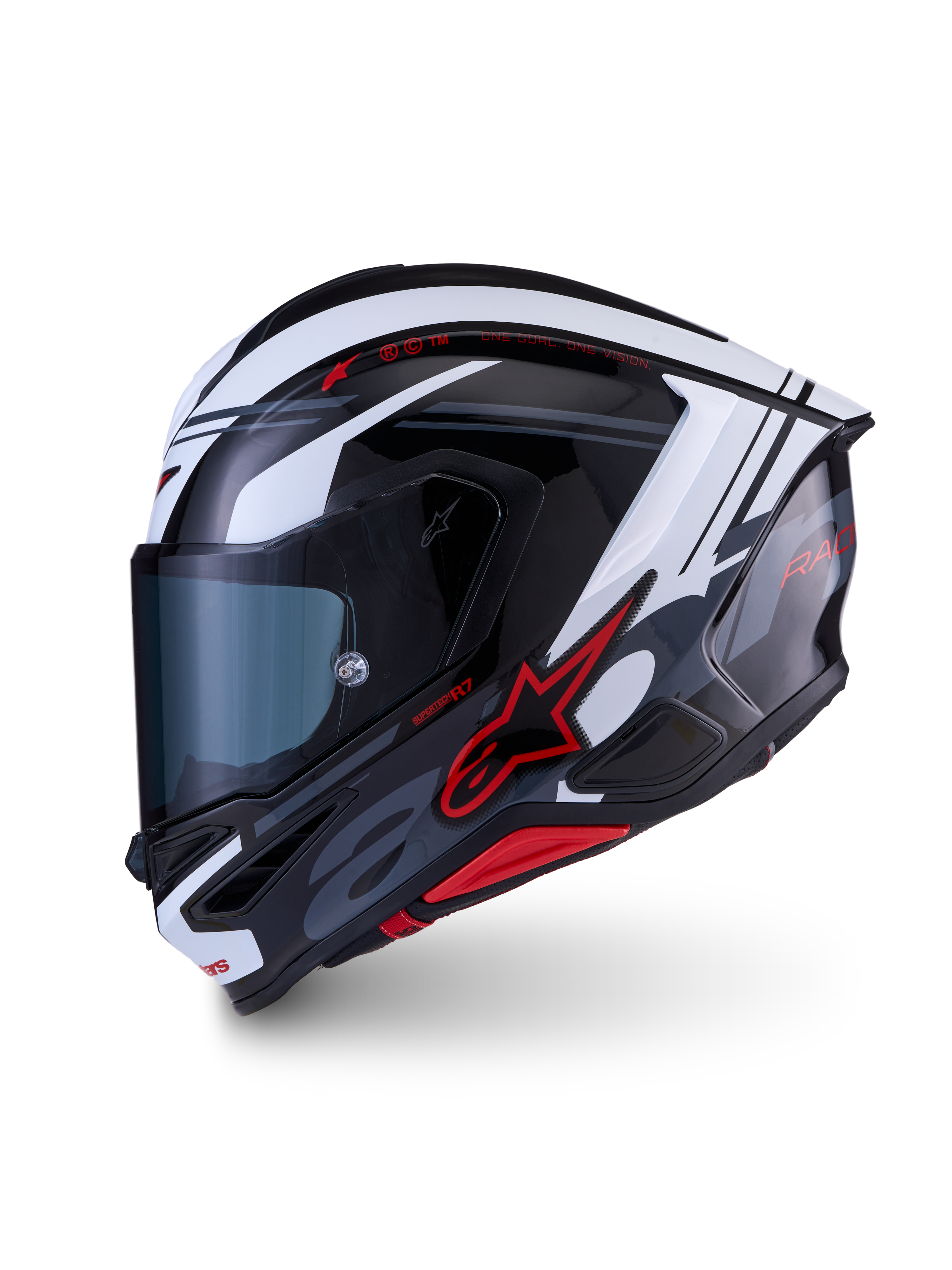 Alpinestars S-R7 A-Core helm, motorracinghelm, zwart, wit en rood, glanzende koolstofcomposiet constructie