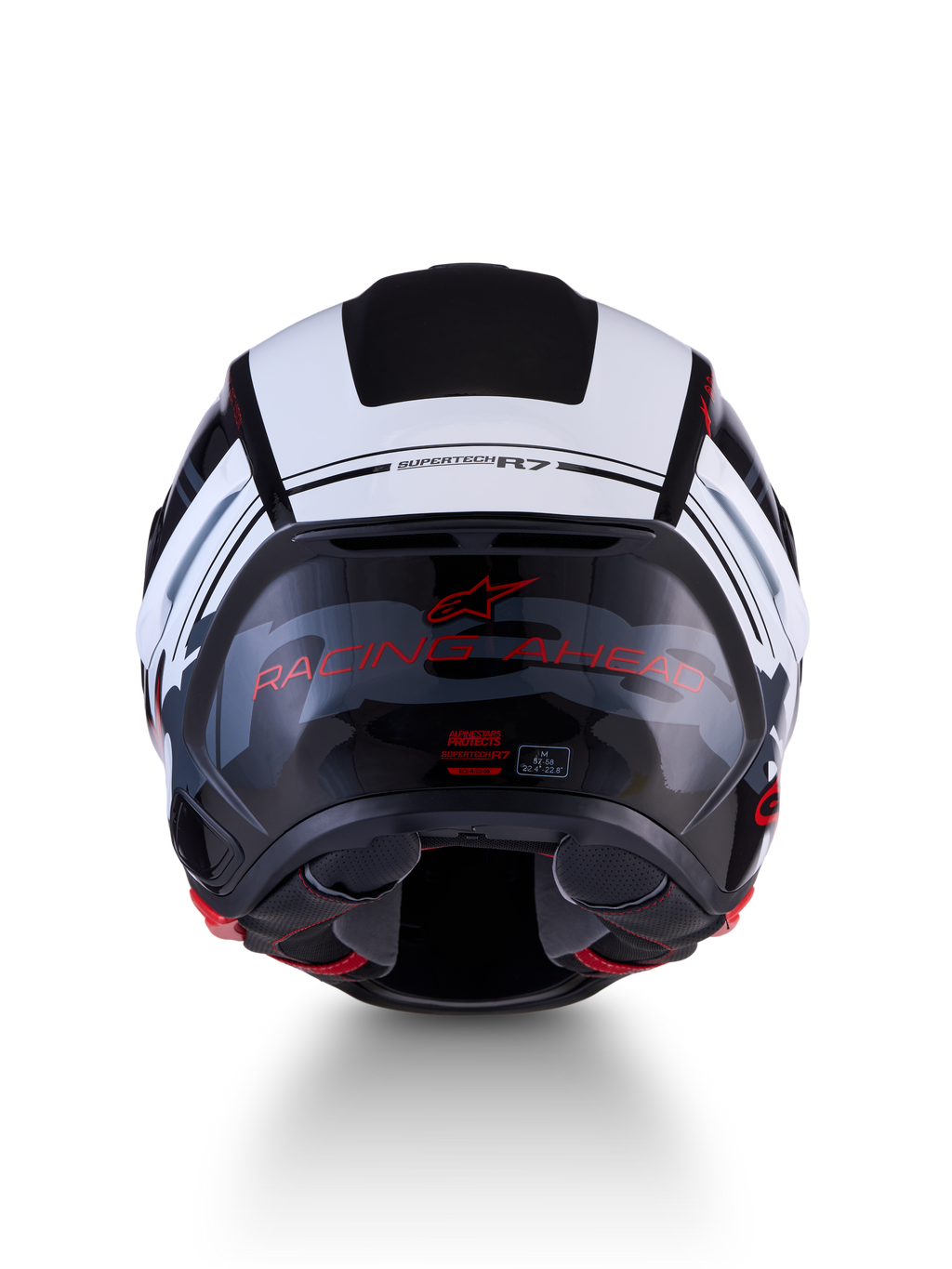 Alpinestars S-R7 A-Core helm, road racing-motorhelm, achteraanzicht met koolstofcomposietconstructie, zwart, wit en rood glanzende afwerking, RACING AHEAD-belettering en ECE-certificeringslabel