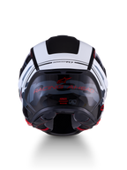 Alpinestars S-R7 A-Core helm, road racing-motorhelm, achteraanzicht met koolstofcomposietconstructie, zwart, wit en rood glanzende afwerking, RACING AHEAD-belettering en ECE-certificeringslabel
