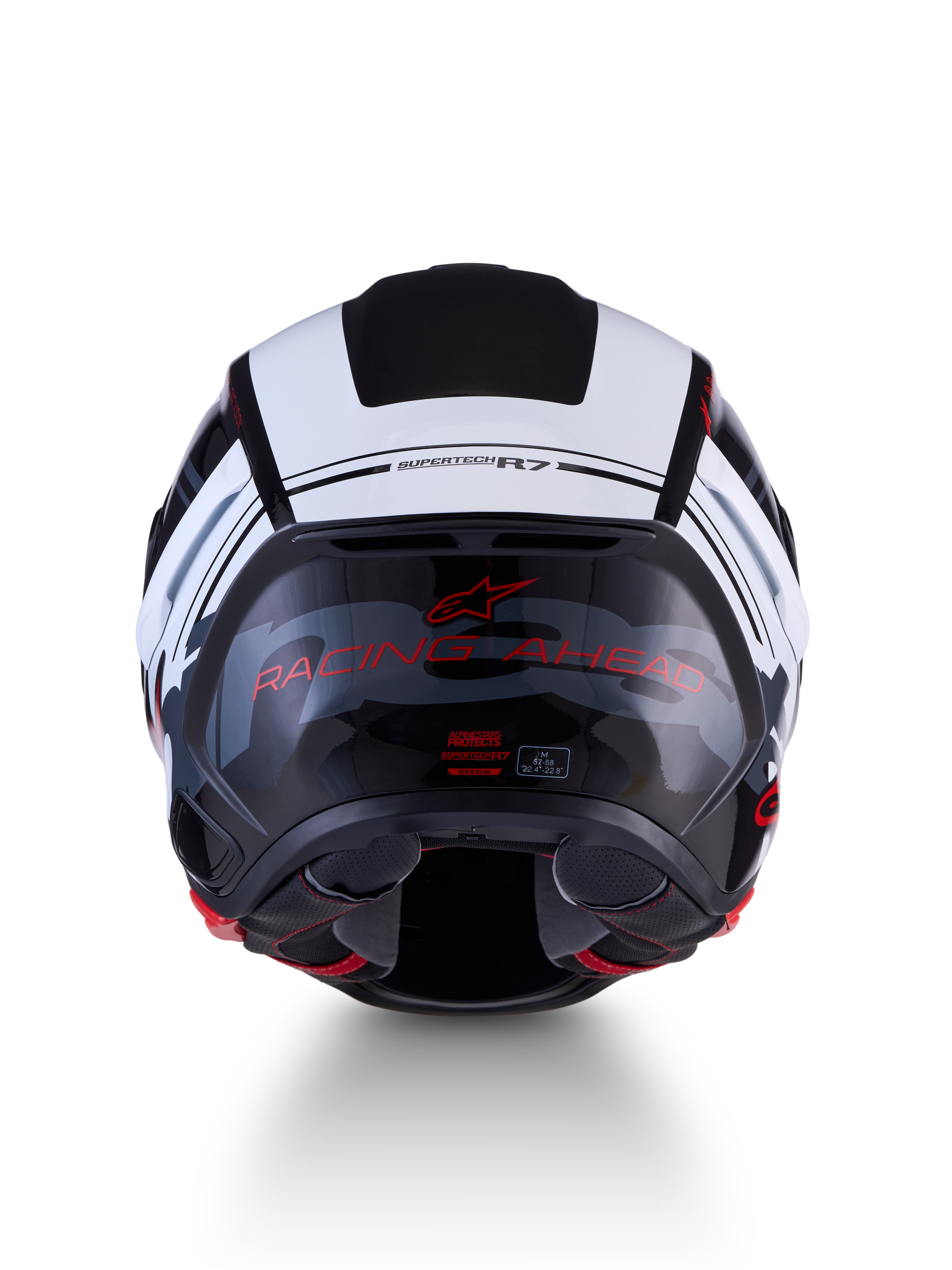 Alpinestars S-R7 A-Core helm, road racing-motorhelm, achteraanzicht met koolstofcomposietconstructie, zwart, wit en rood glanzende afwerking, RACING AHEAD-belettering en ECE-certificeringslabel