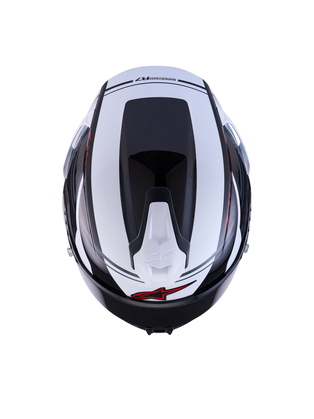 Alpinestars S-R7 A-Core helm, sportieve motorhelm, bovenaanzicht in zwart, wit en rood glanzende afwerking, carbon composiet constructie, aerodynamisch profiel, CE-gecertificeerd