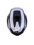 Alpinestars S-R7 A-Core helm, sportieve motorhelm, bovenaanzicht in zwart, wit en rood glanzende afwerking, carbon composiet constructie, aerodynamisch profiel, CE-gecertificeerd