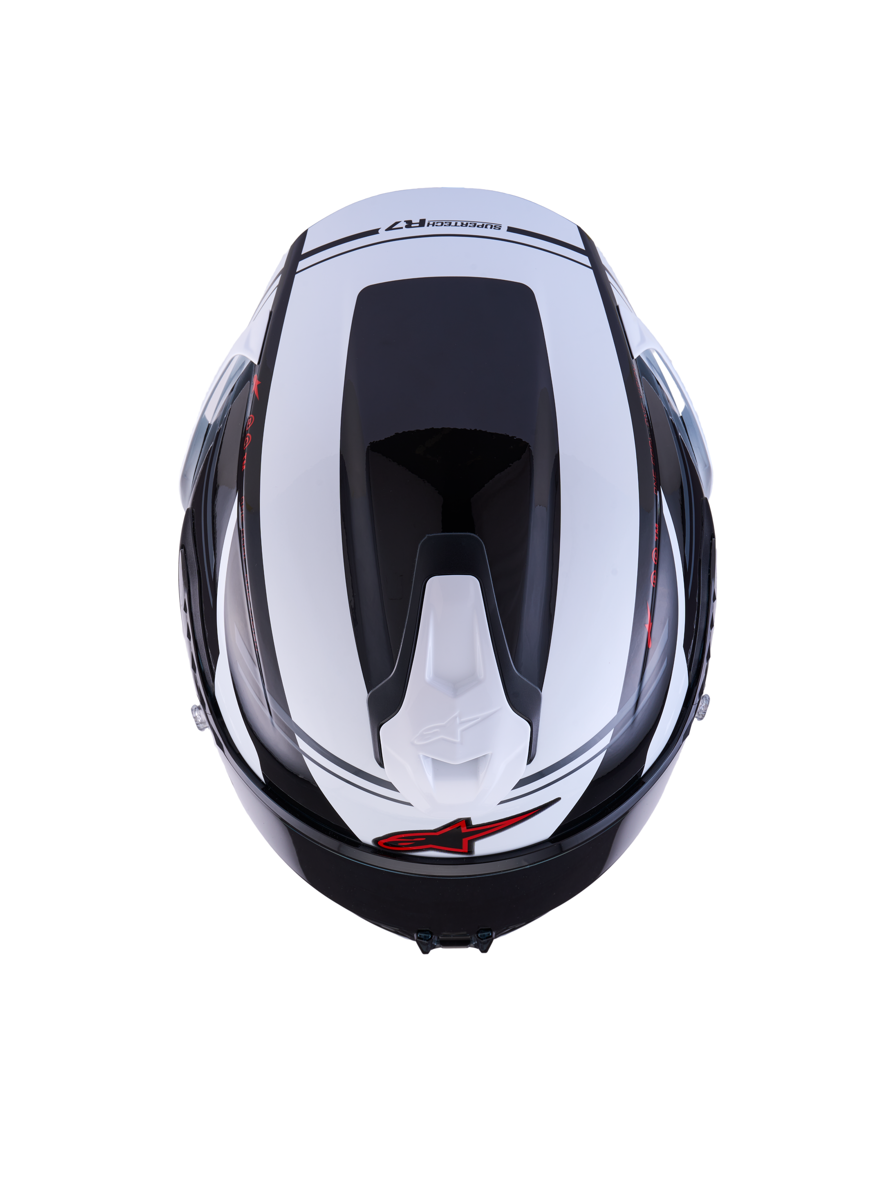 Alpinestars S-R7 A-Core helm, sportieve motorhelm, bovenaanzicht in zwart, wit en rood glanzende afwerking, carbon composiet constructie, aerodynamisch profiel, CE-gecertificeerd
