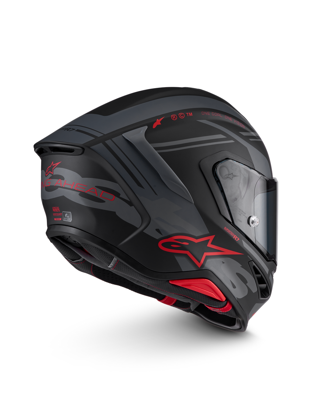 Alpinestars S-R7 A-Core Helm, integraalmotorhelm voor wegrace, zwart, grijs en rood mat met koolstofcomposietconstructie, zijwaarts aanzicht met aerodynamica en vizier