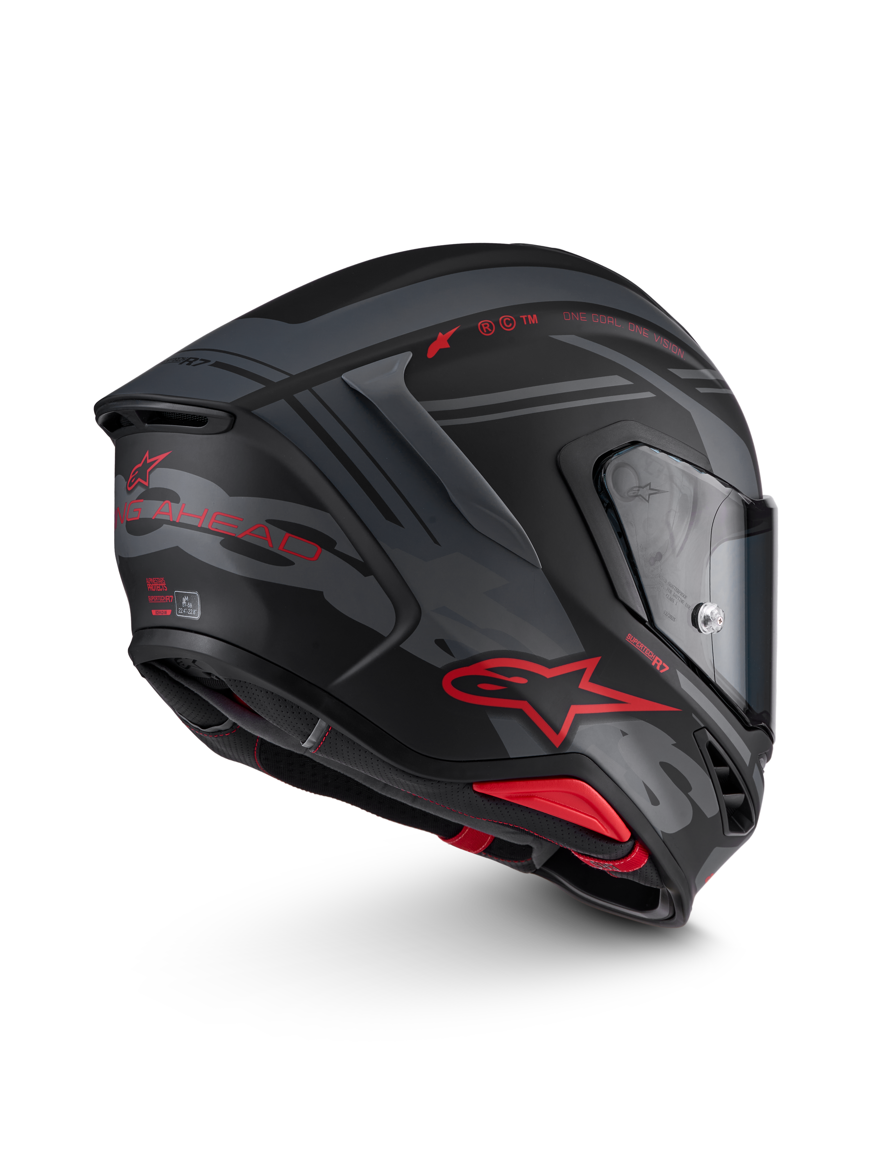 Alpinestars S-R7 A-Core Helm, integraalmotorhelm voor wegrace, zwart, grijs en rood mat met koolstofcomposietconstructie, zijwaarts aanzicht met aerodynamica en vizier