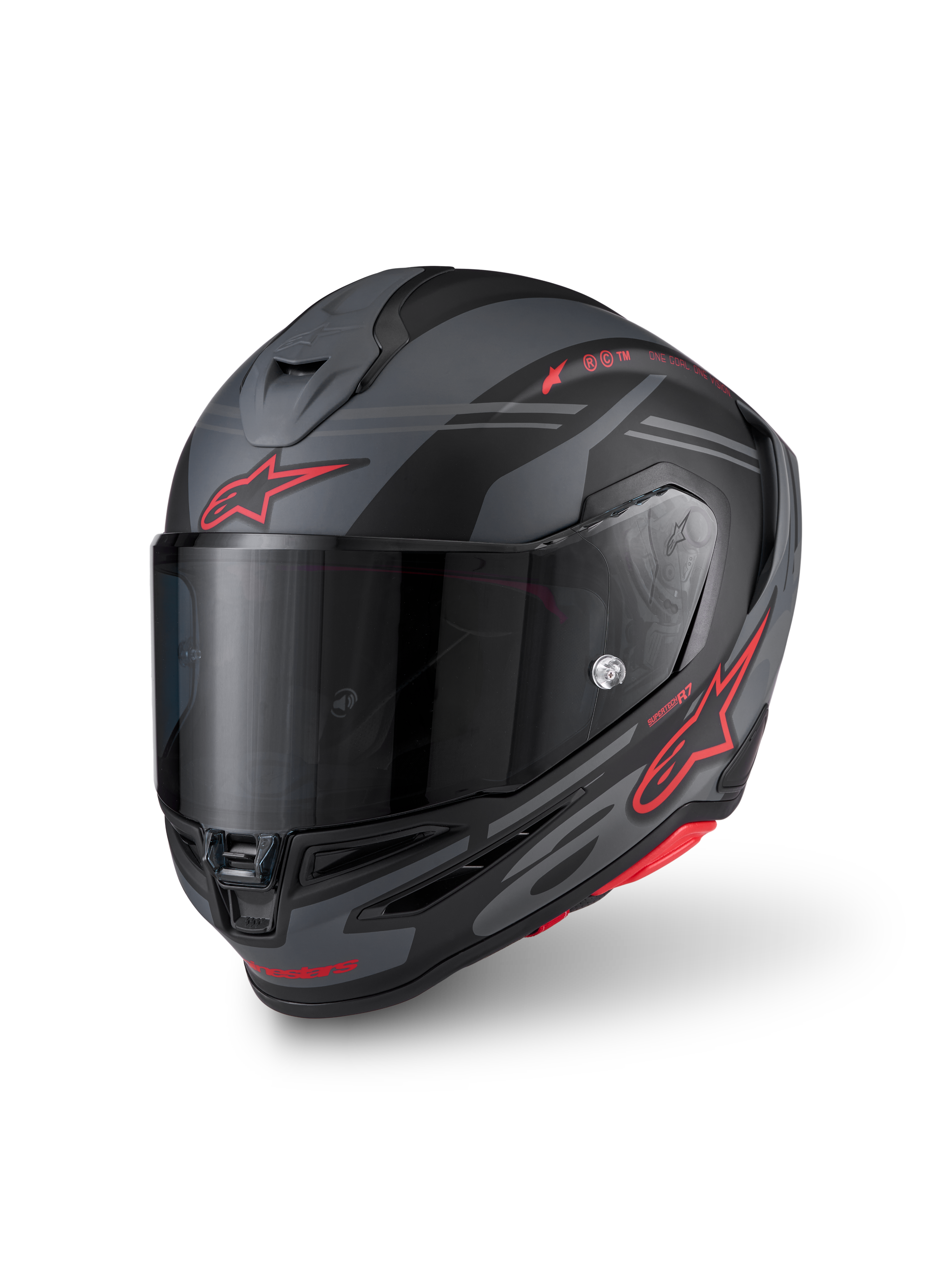 Alpinestars S-R7 A-Core helm, motorracinghelm, zwart, grijs en rood, matte afwerking, carbon composiet constructie, ECE-gecertificeerd