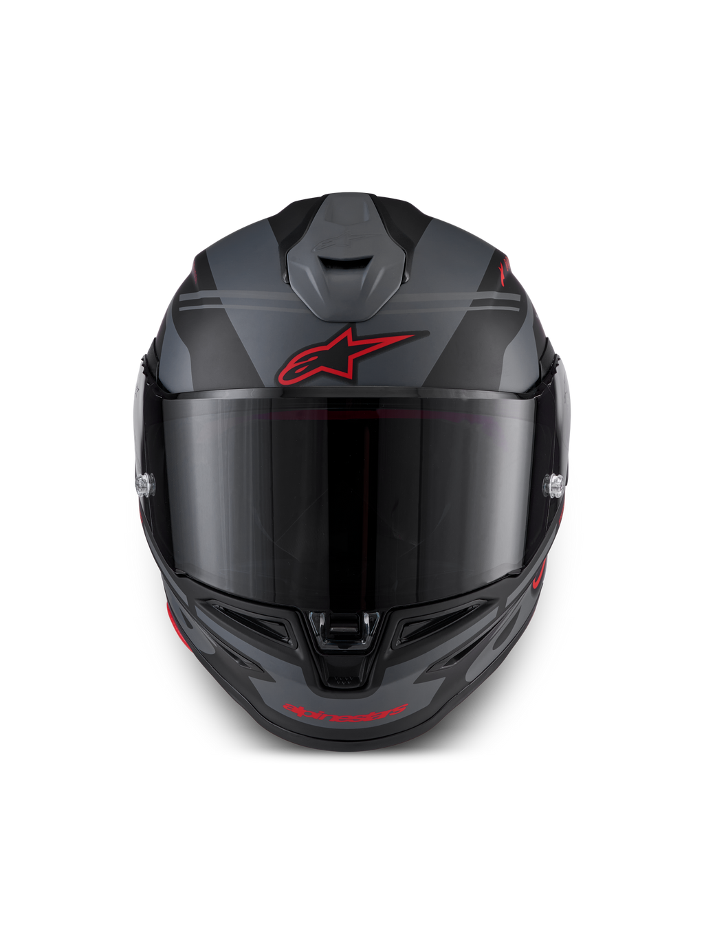 Alpinestars S-R7 A-Core helm, motorracinghelm, zwart, grijs en rood, ECE-gecertificeerd, vooraanzicht met aerodynamische ventilatie en helder vizier