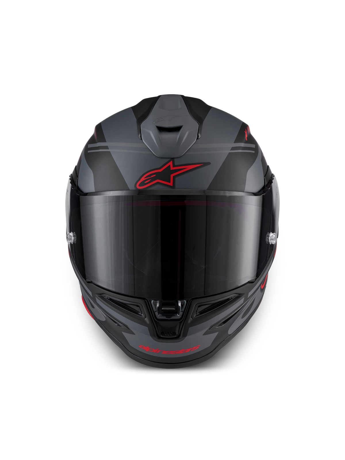 Alpinestars S-R7 A-Core Helmet ECE 22.06, full face motorcycle racing helmet, Black, Gray, and Red, front view featuring aerodynamic ventilation and clear visor