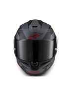 Alpinestars S-R7 A-Core helm, motorracinghelm, zwart, grijs en rood, ECE-gecertificeerd, vooraanzicht met aerodynamische ventilatie en helder vizier